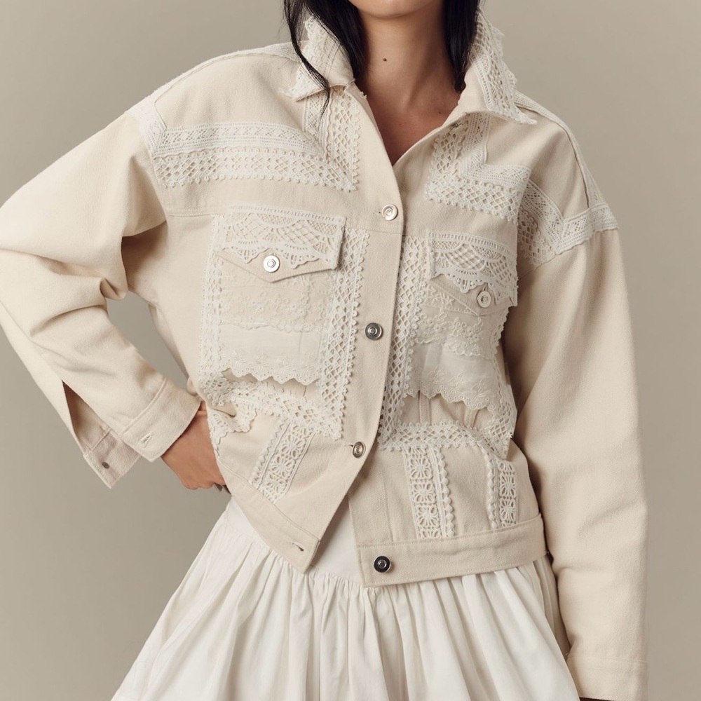 Anthropologie Lace and Denim Trucker Jacket - Size XXS